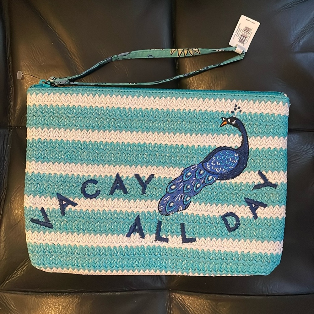 NWT Vera Bradley Peacock Garden Vacay All Day Straw Wristlet